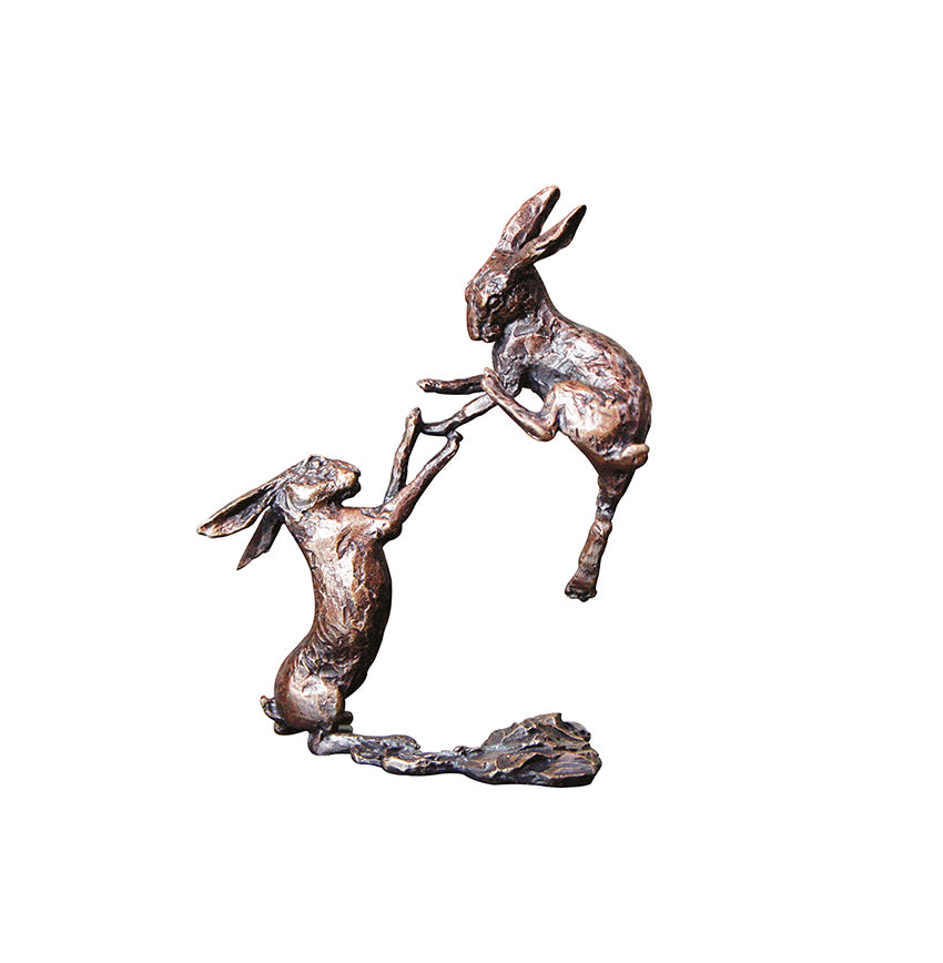miniature bronze boxing hares gift sculpture butler and peach