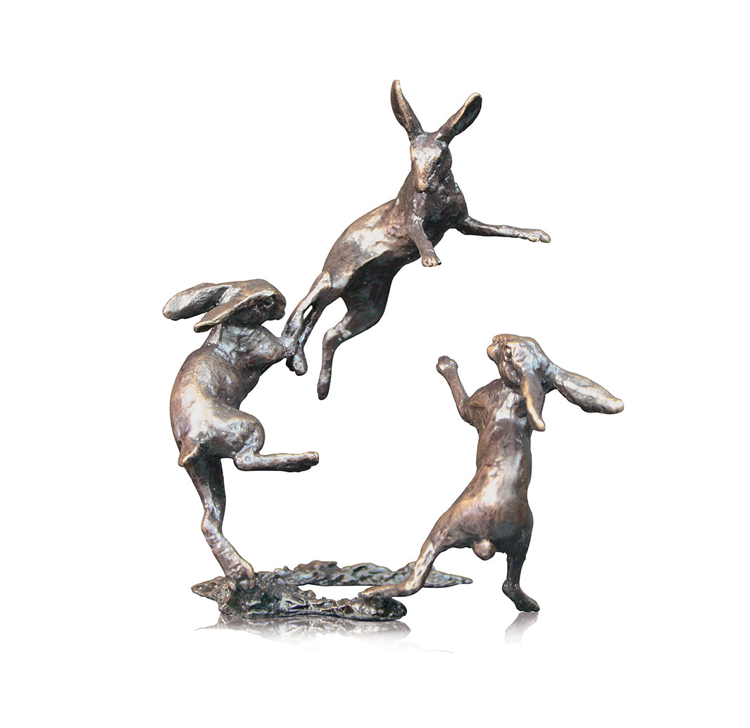 miniature bronze three hares dancing gift sculpture butler and peach
