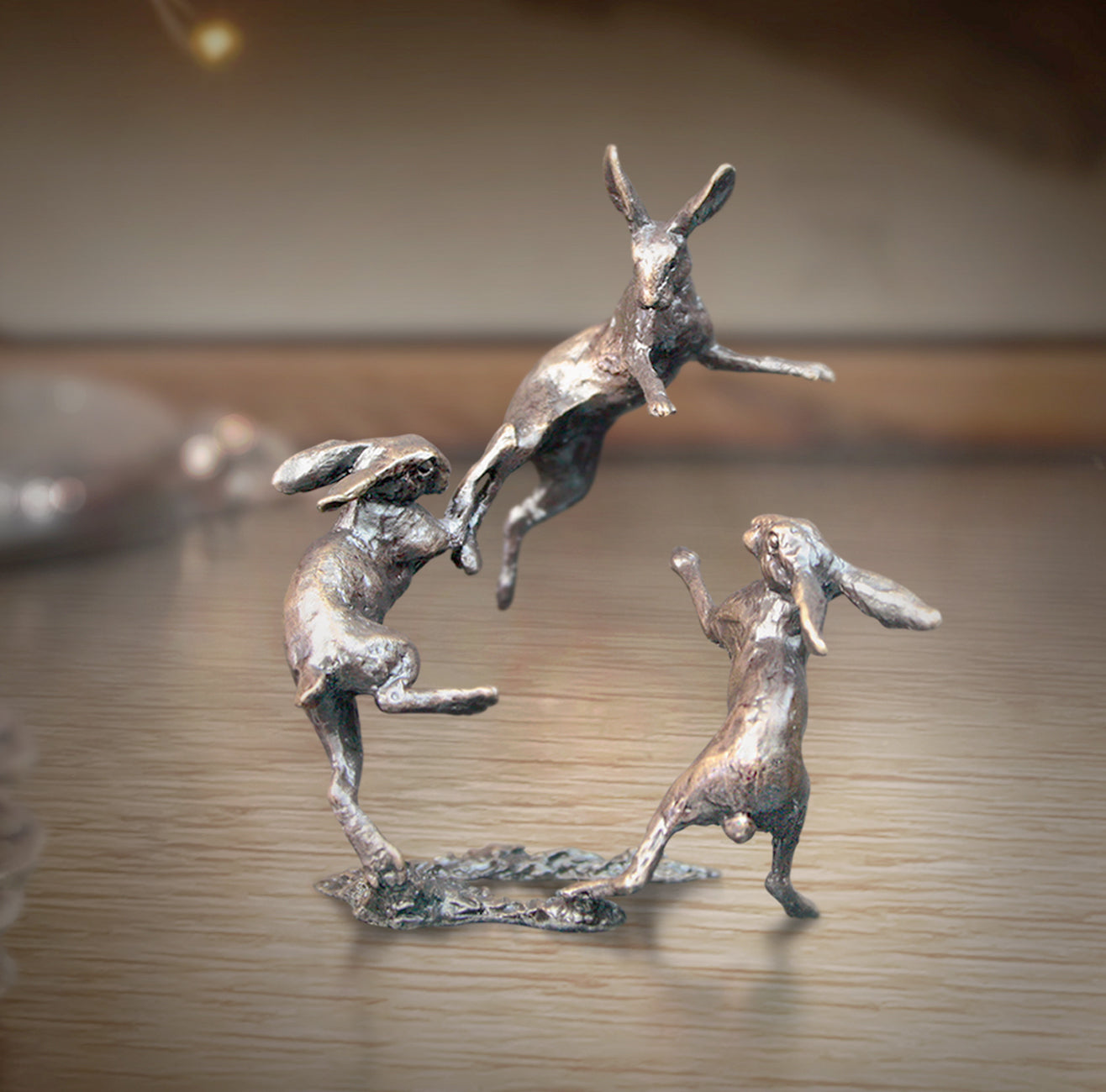 miniature bronze three hares dancing gift sculpture butler and peach