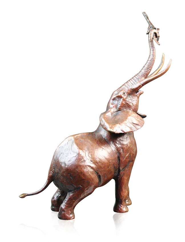 bronze sculpture bull elephant reaching for branch with trunk