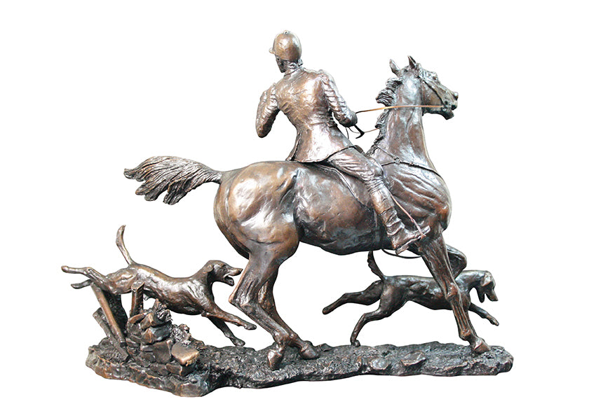 huntsman on horseback with hounds bronze sculpture