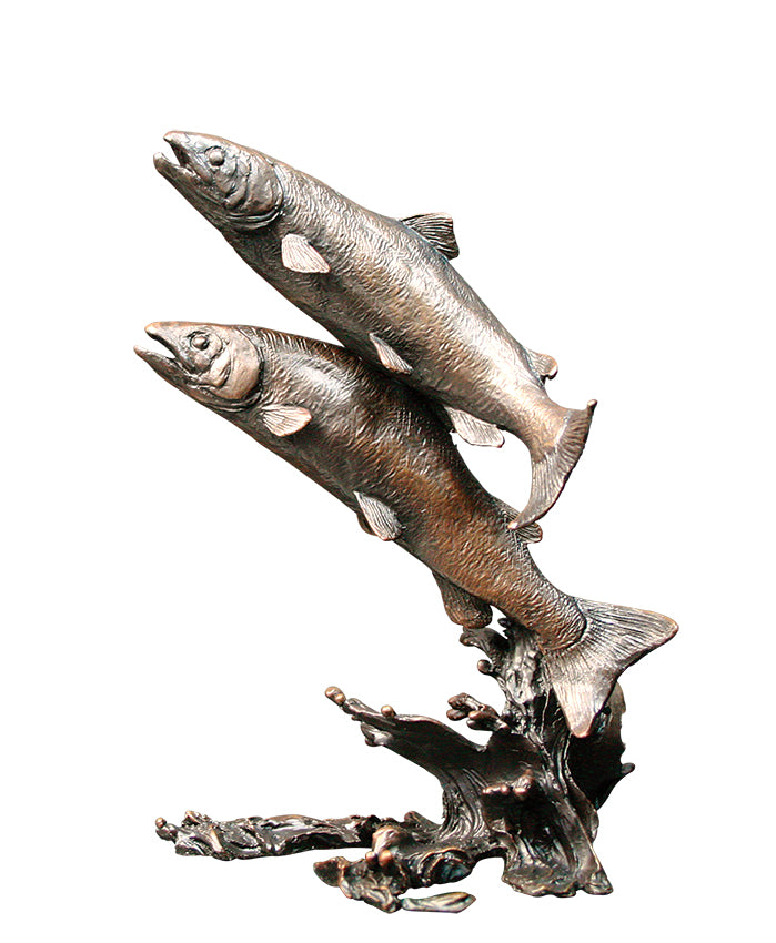 leaping salmon pair bronze sculpture