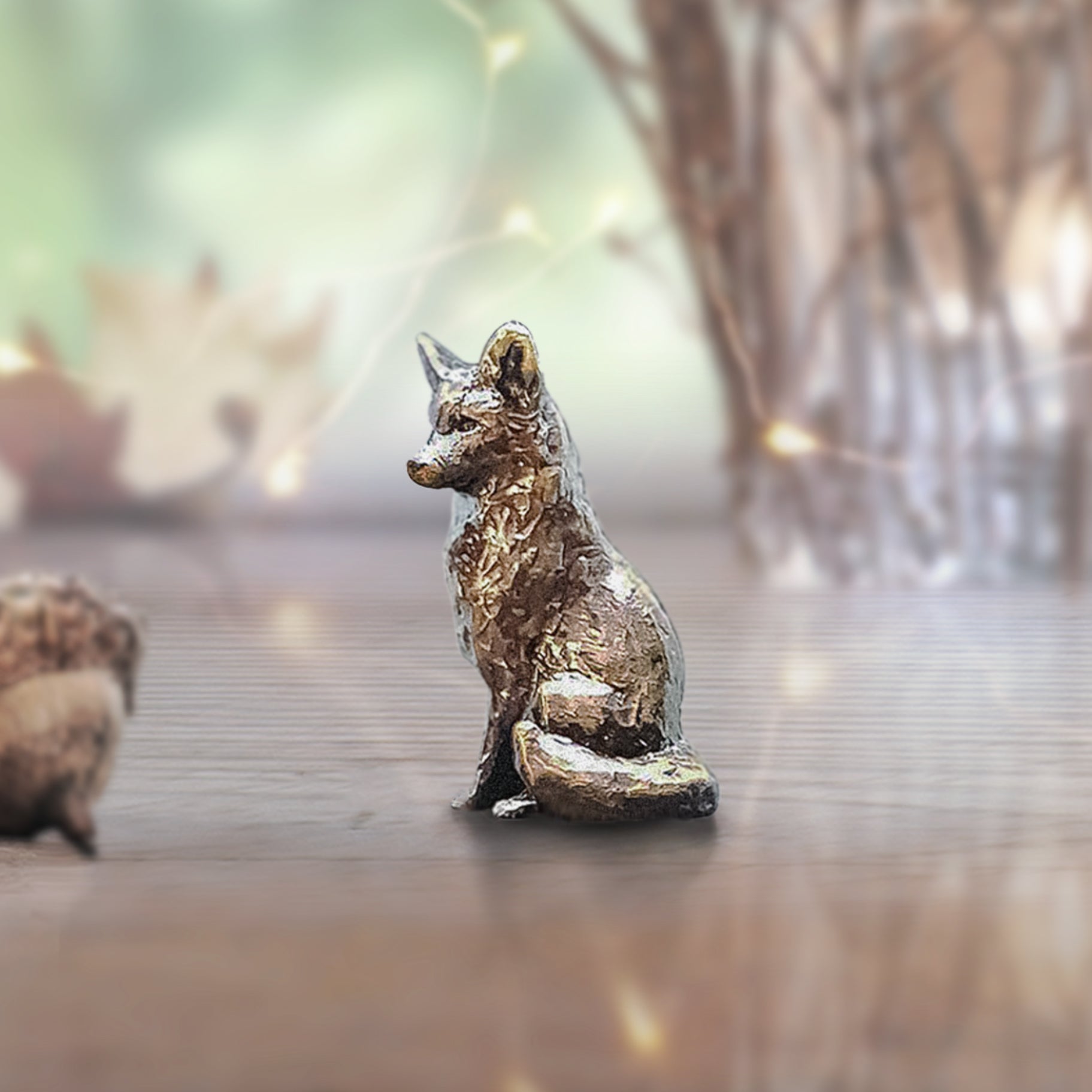 miniature bronze fox sitting gift sculpture butler and peach