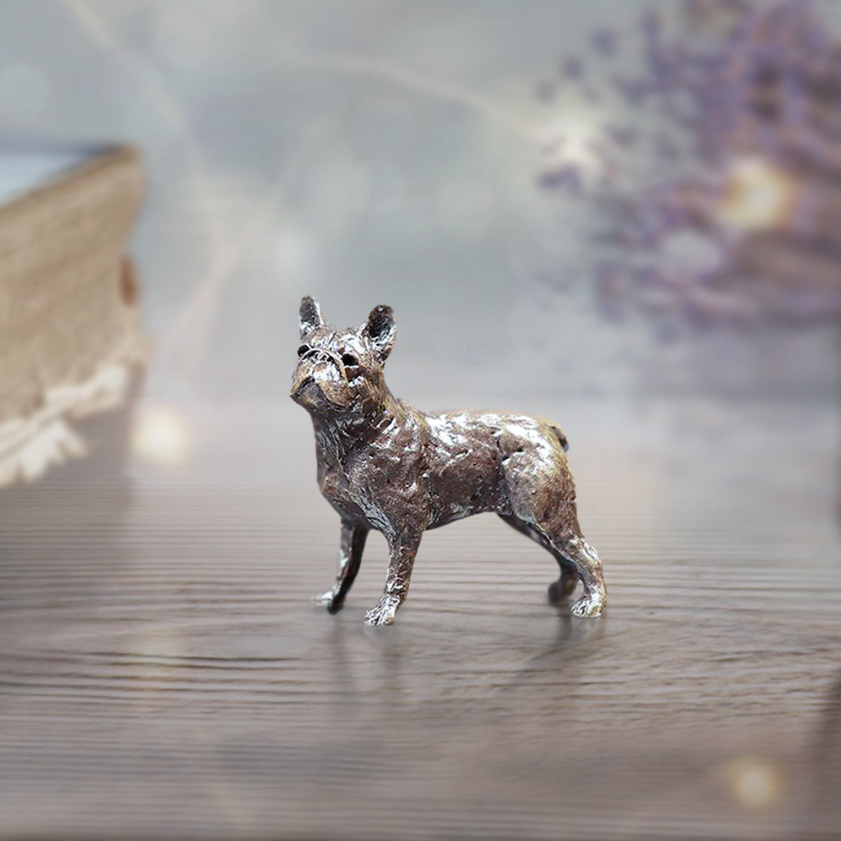 miniature bronze frenchie dog gift sculpture butler and peach