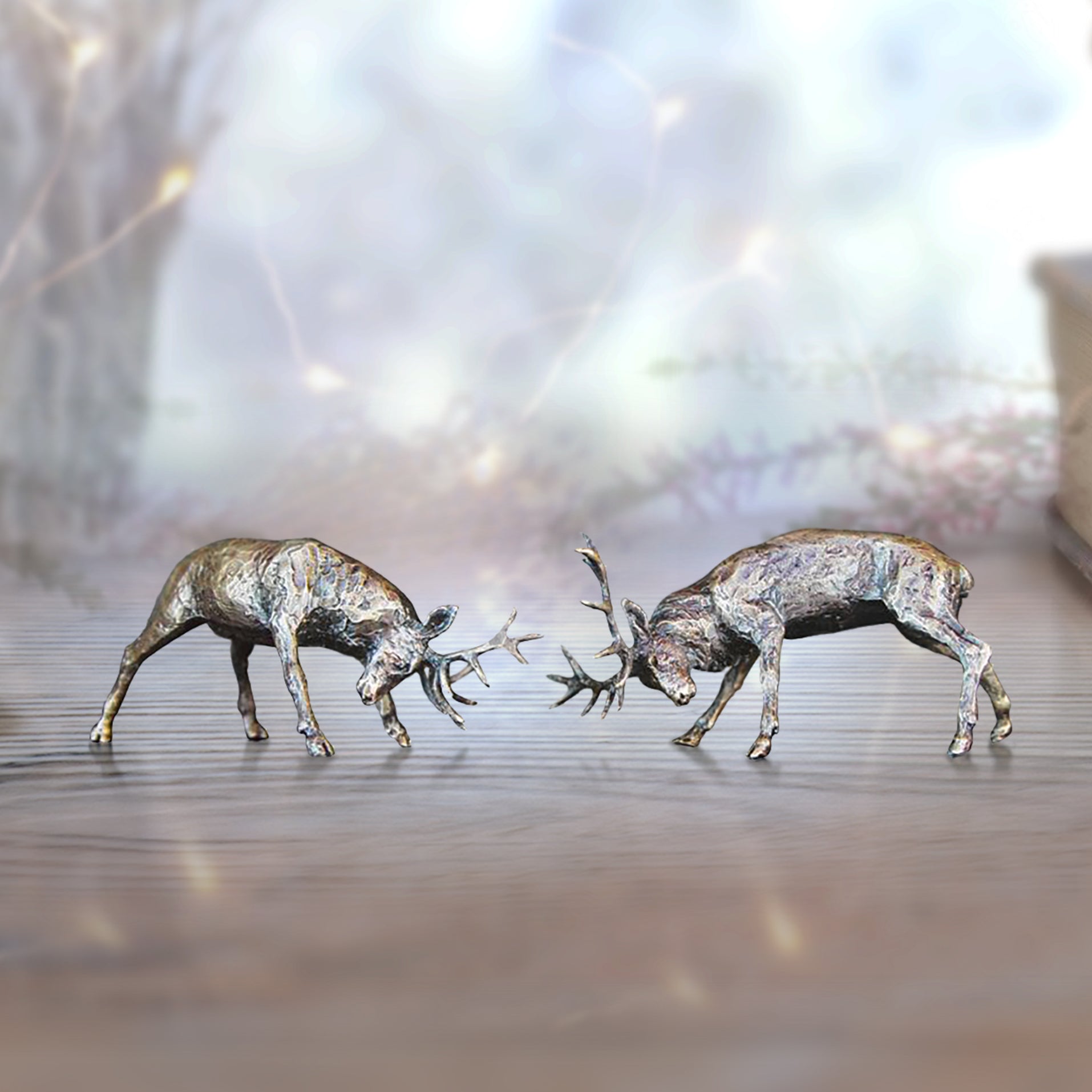 miniature bronze rutting stags gift sculpture butler and peach