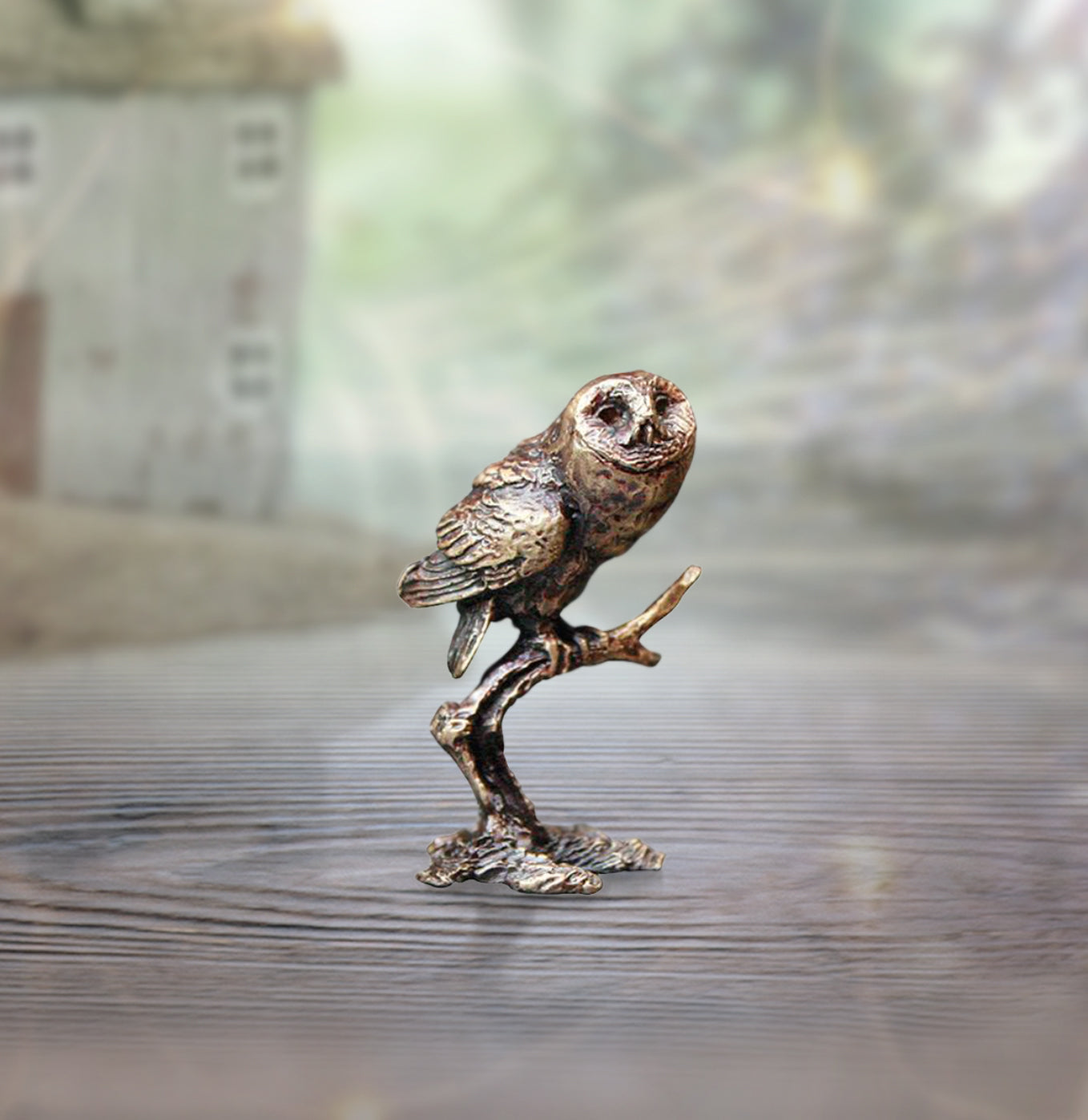 miniature bronze tawny owl gift sculpture butler and peach