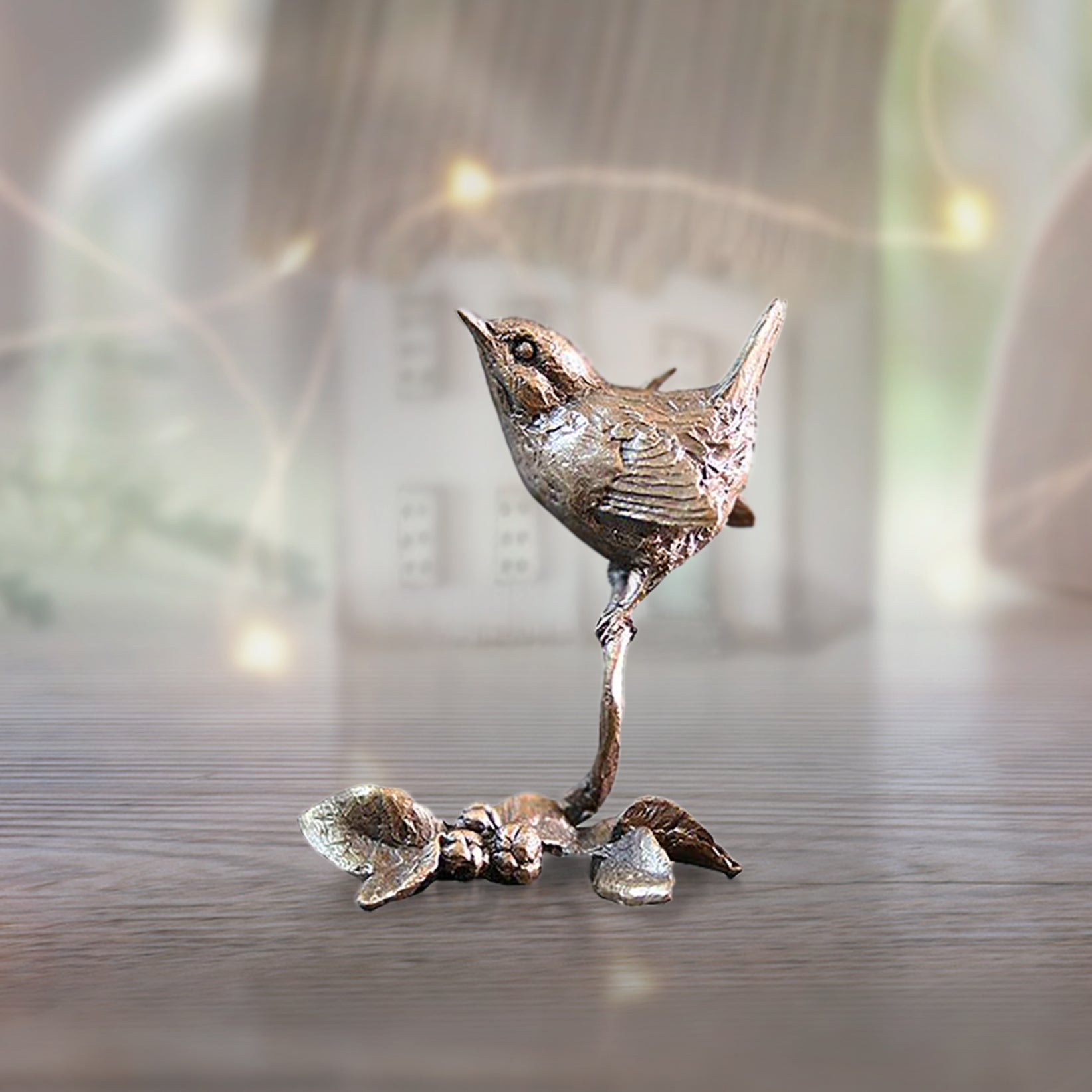 miniature bronze wren garden bird gift sculpture butler and peach