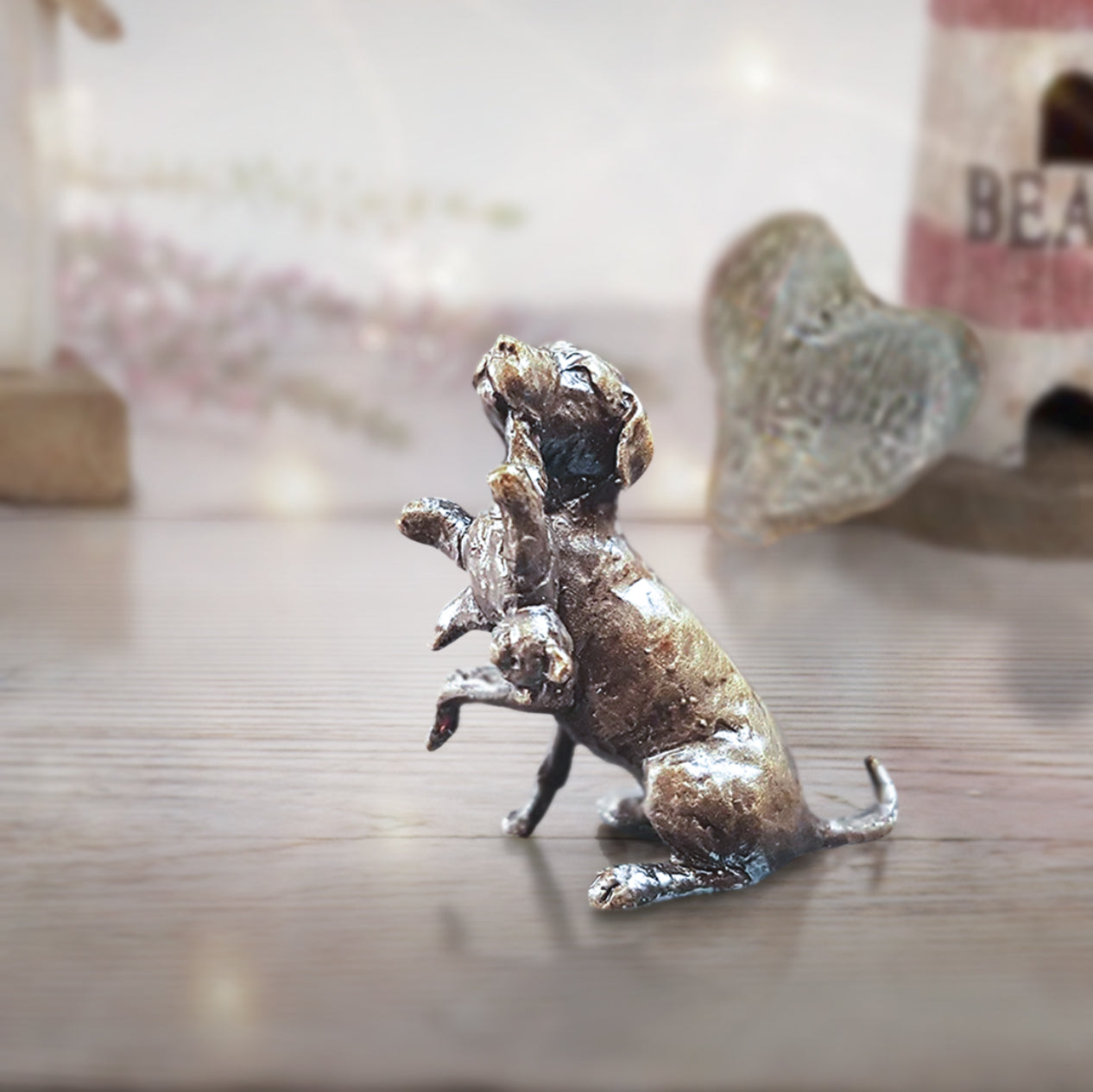 miniature bronze labrador gift sculpture butler and peach