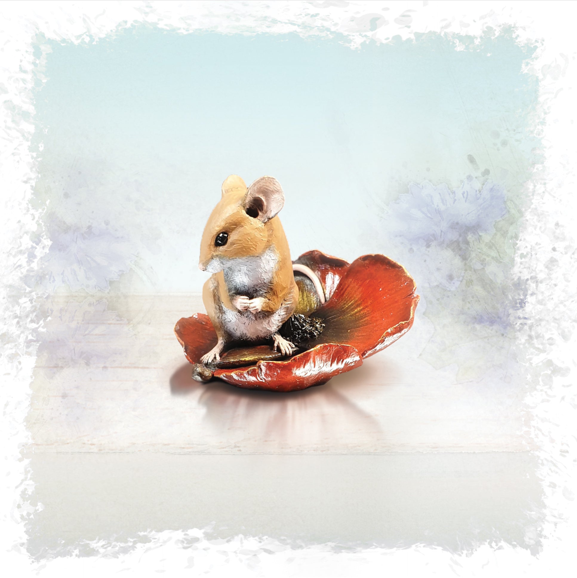 hand painted bronze mouse on poppy sculpture