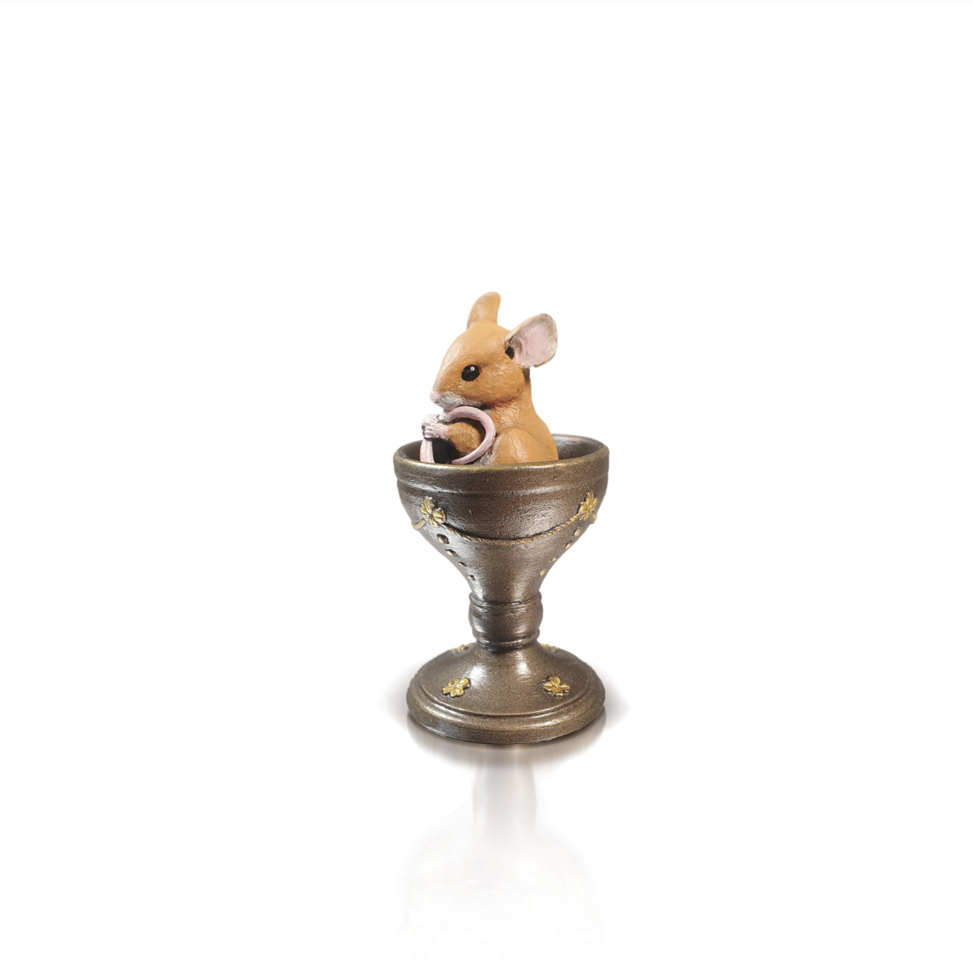 hand painted bronze mouse in egg cup sculpture