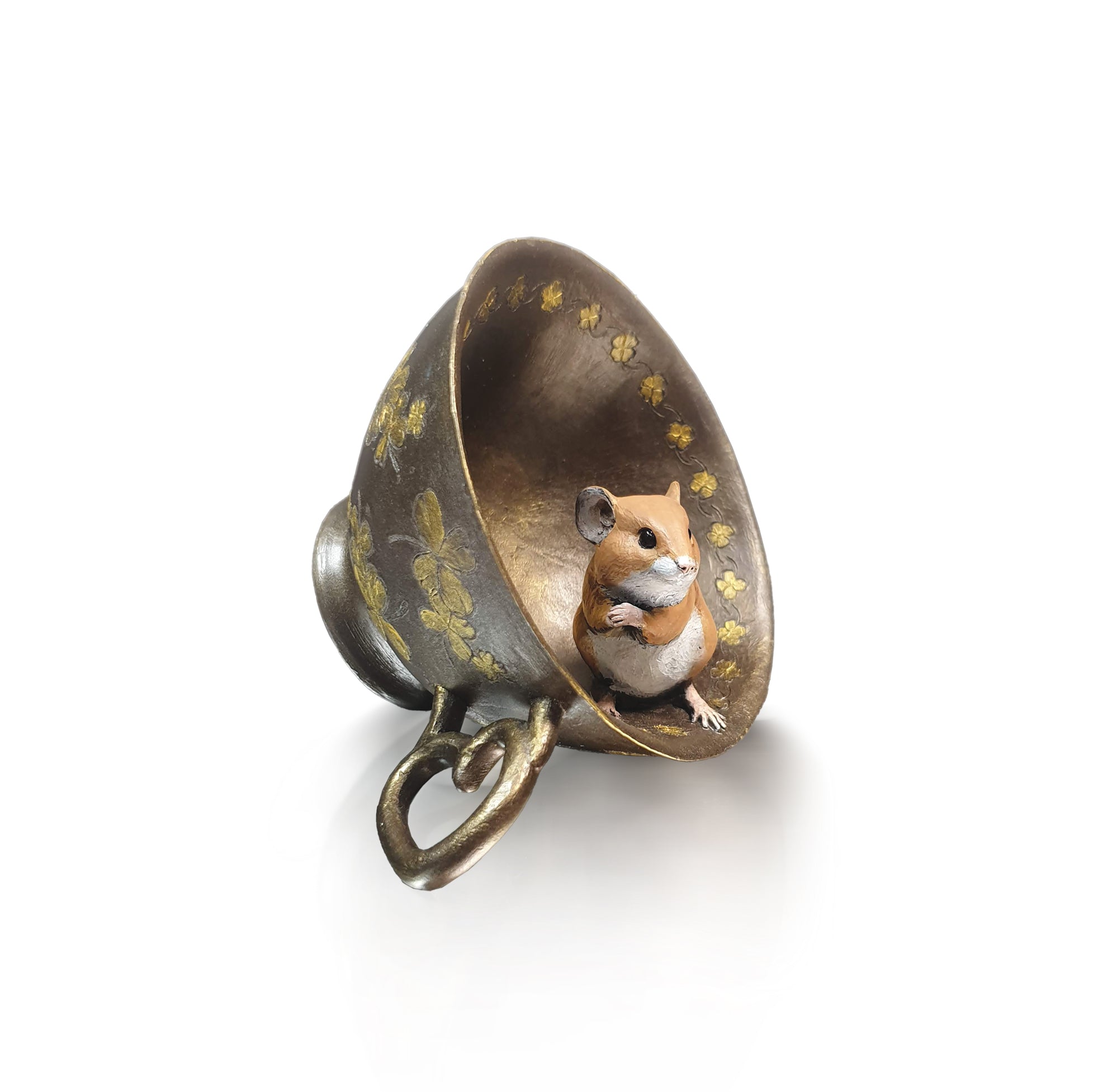 hand painted bronze mouse in tea cup sculpture