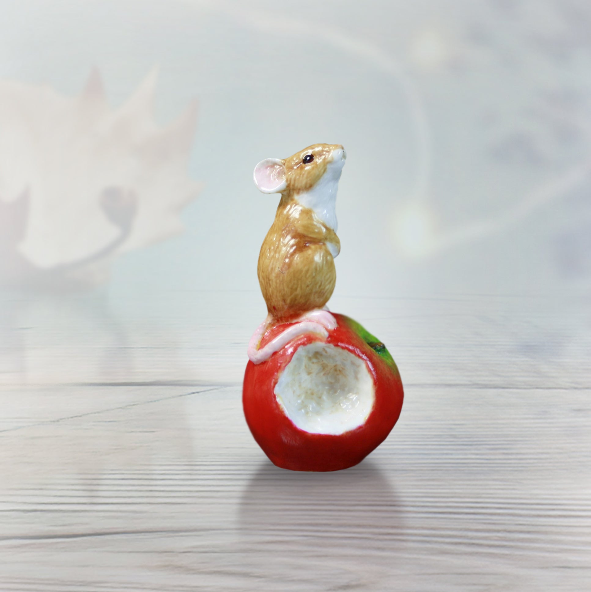 hand painted bone china mouse sitting on red apple gift figurine