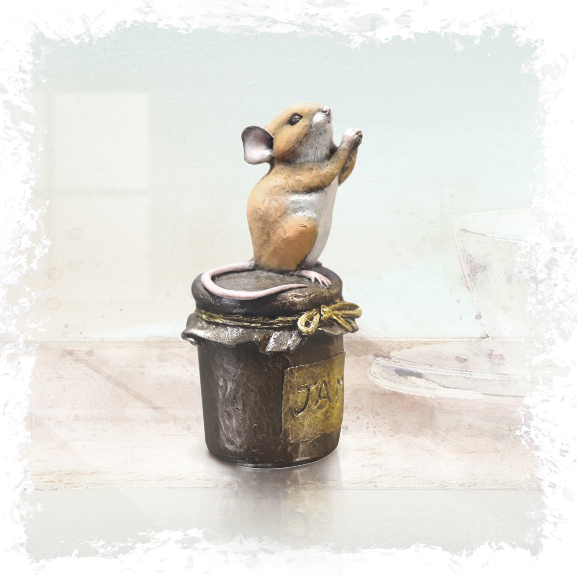 hand painted bronze mouse on jam jar begging sculpture