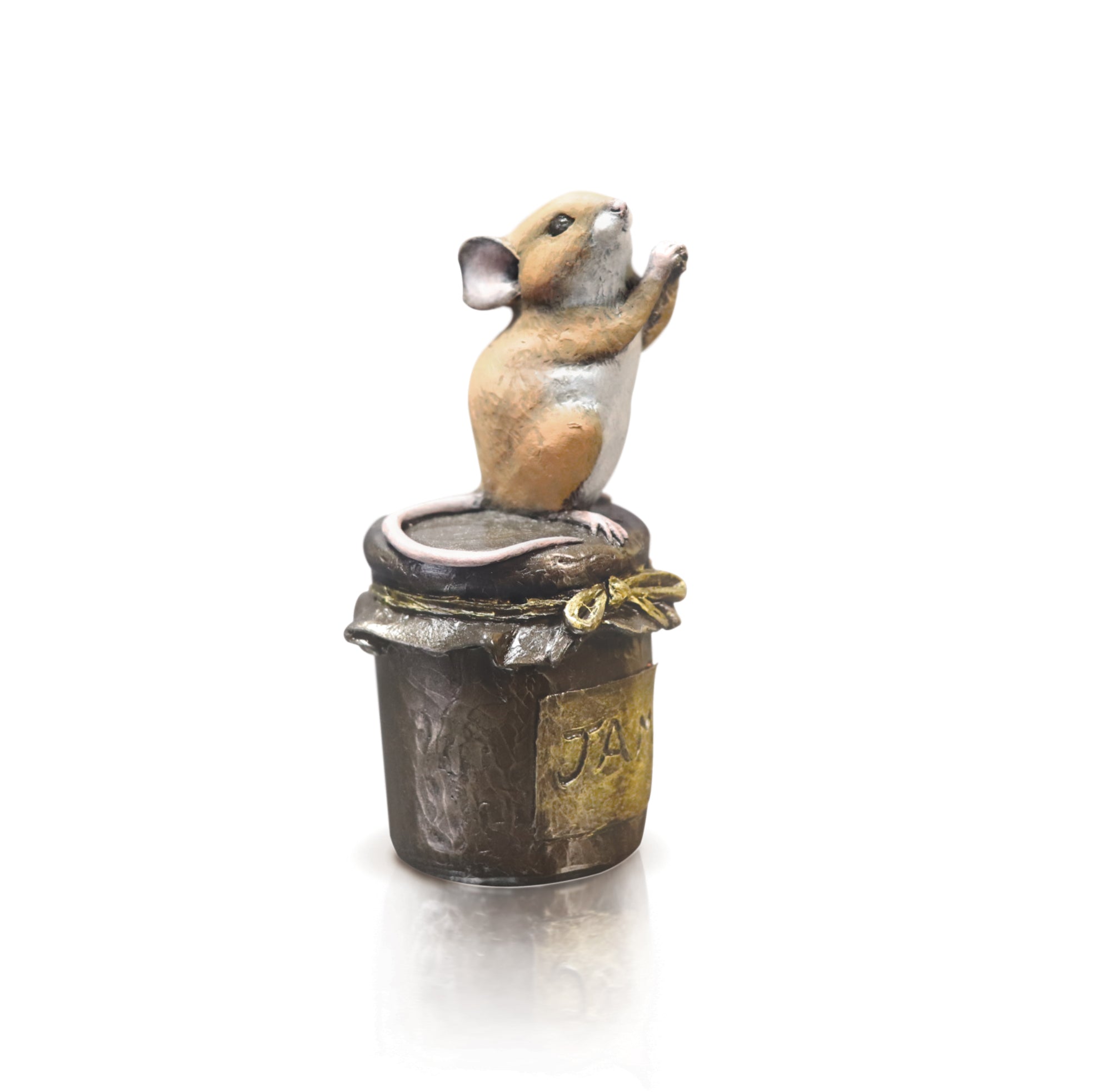 hand painted bronze mouse on jam jar begging sculpture