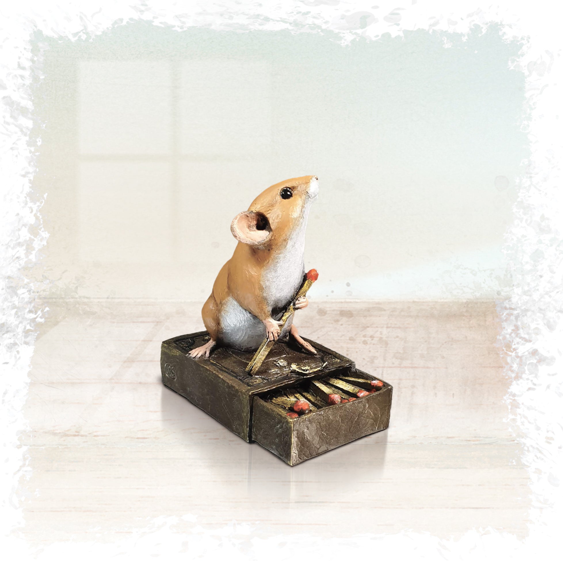 hand painted bronze mouse on matchbox sculpture