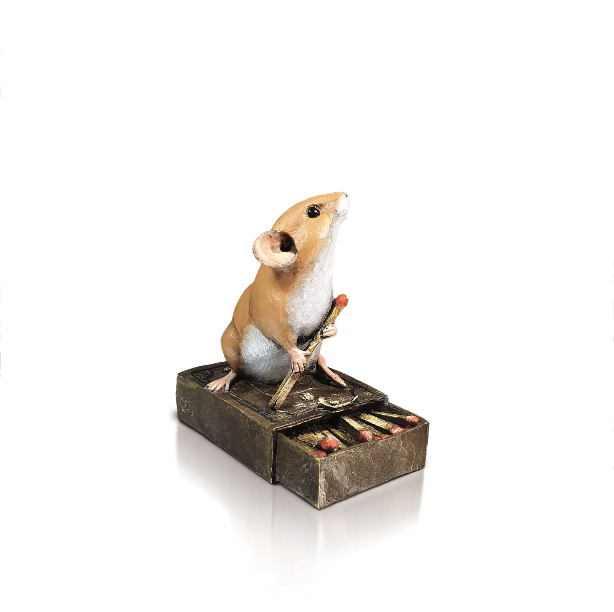 hand painted bronze mouse on matchbox sculpture