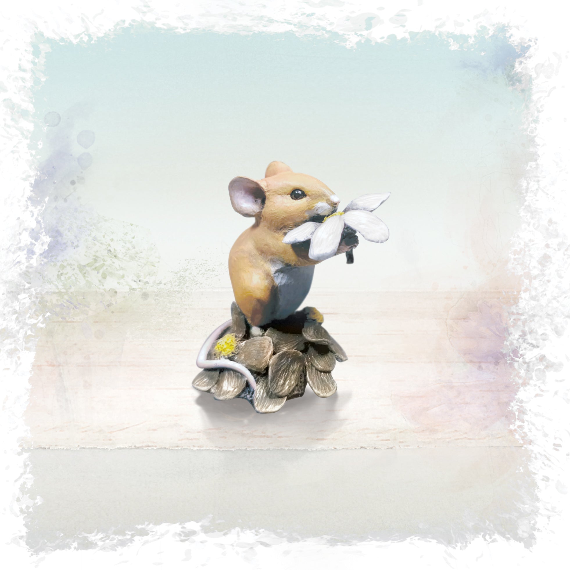 hand painted bronze mouse smelling daisy sculpture