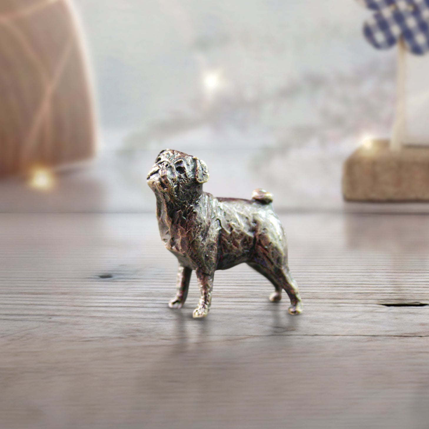 miniature bronze pug gift sculpture butler and peach