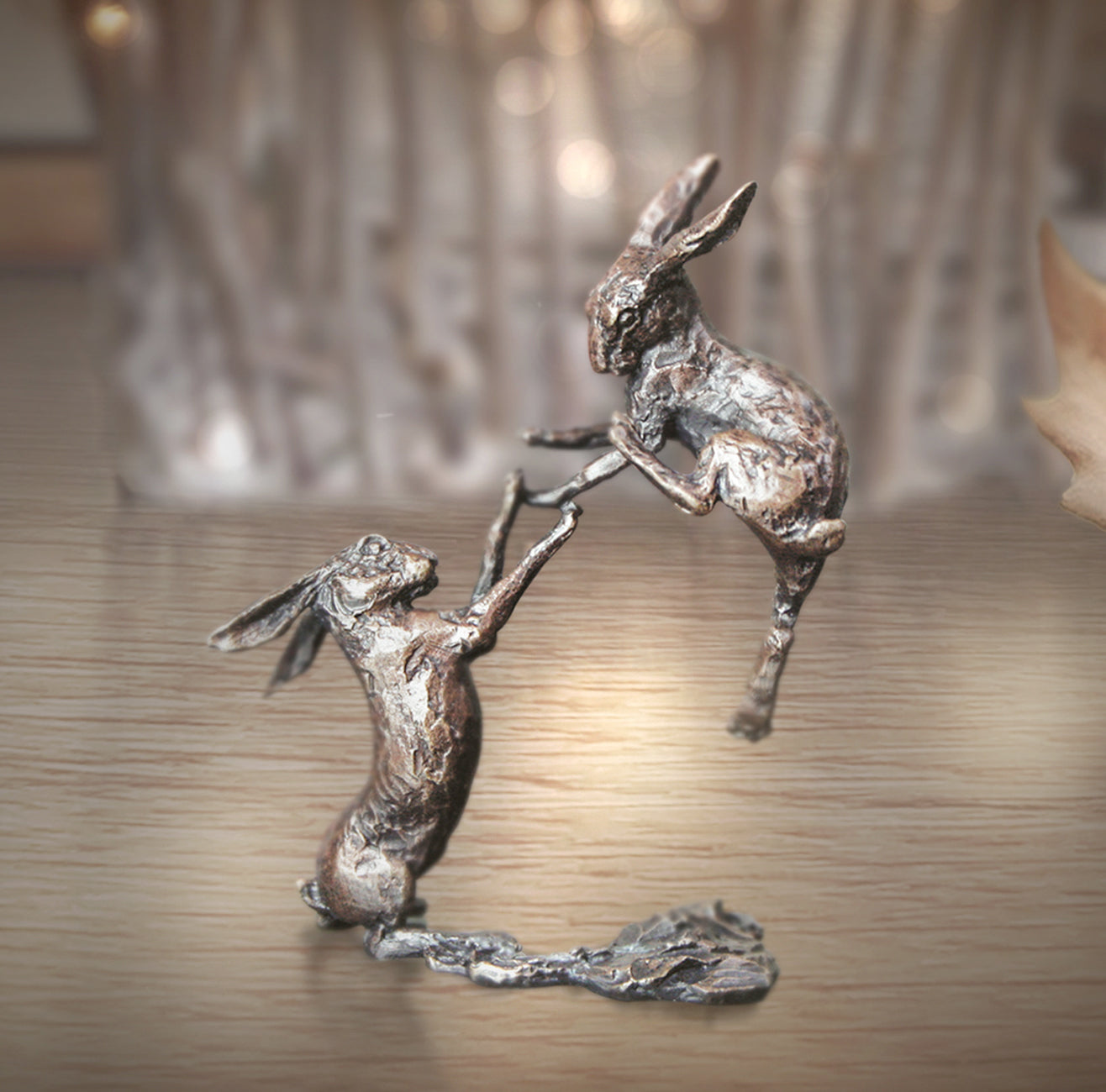 miniature bronze boxing hares gift sculpture butler and peach