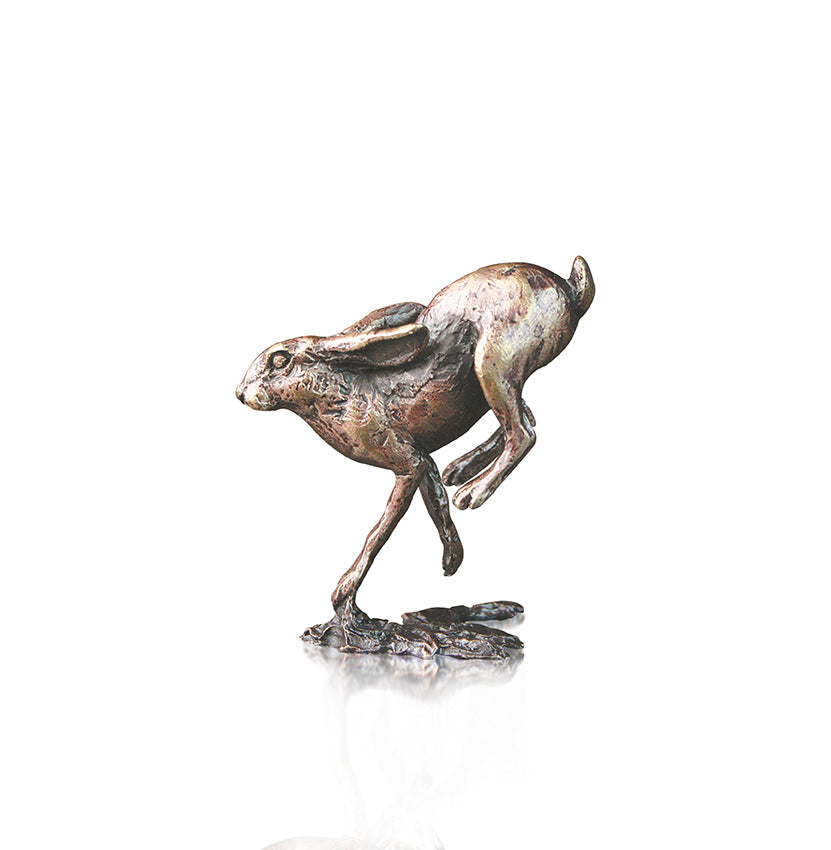 miniature bronze hare running gift sculpture butler and peach