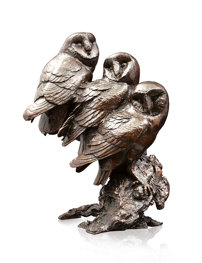 three young tawny owls bronze sculpture