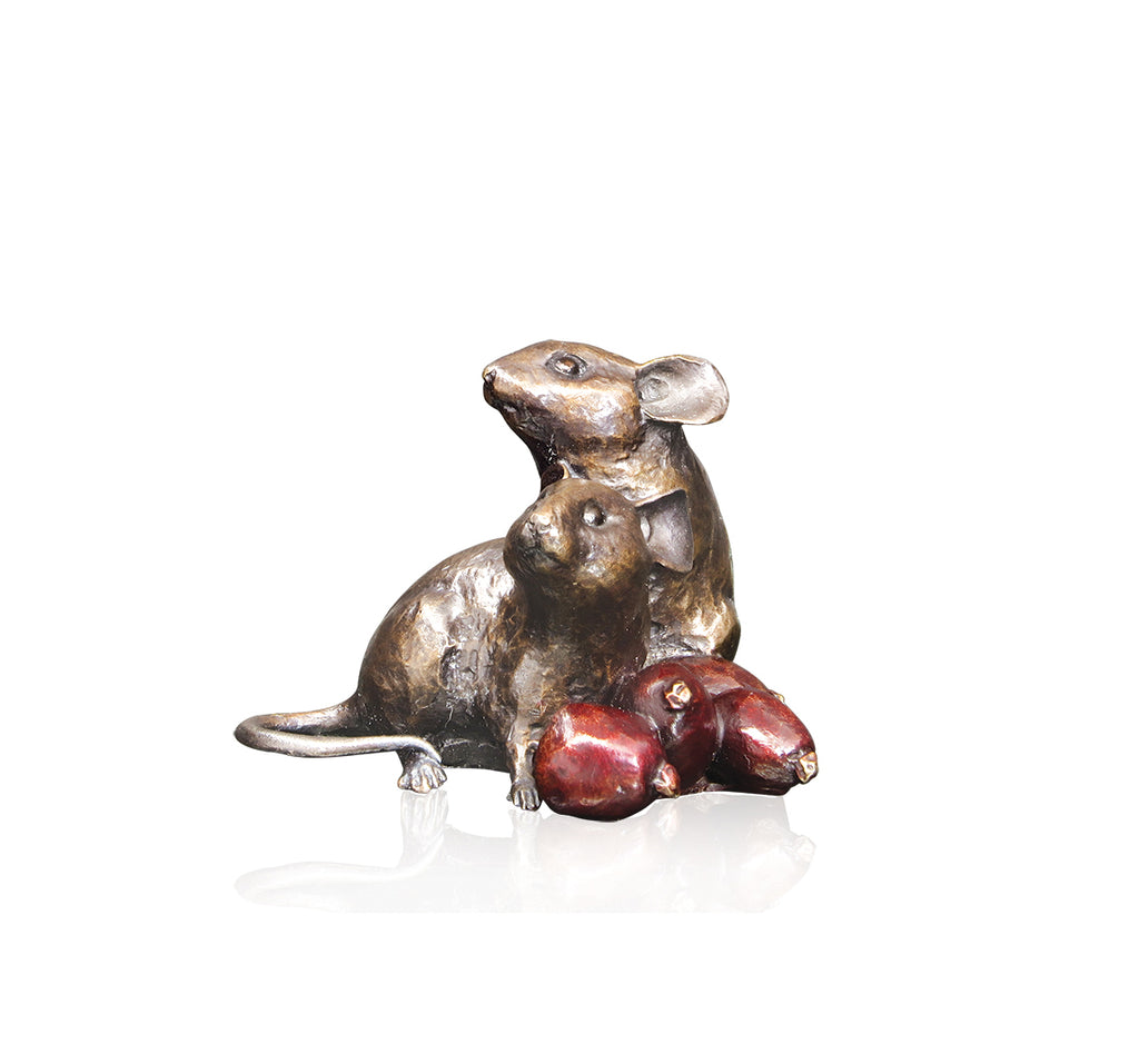 mice pair with rosehips bronze sculpture