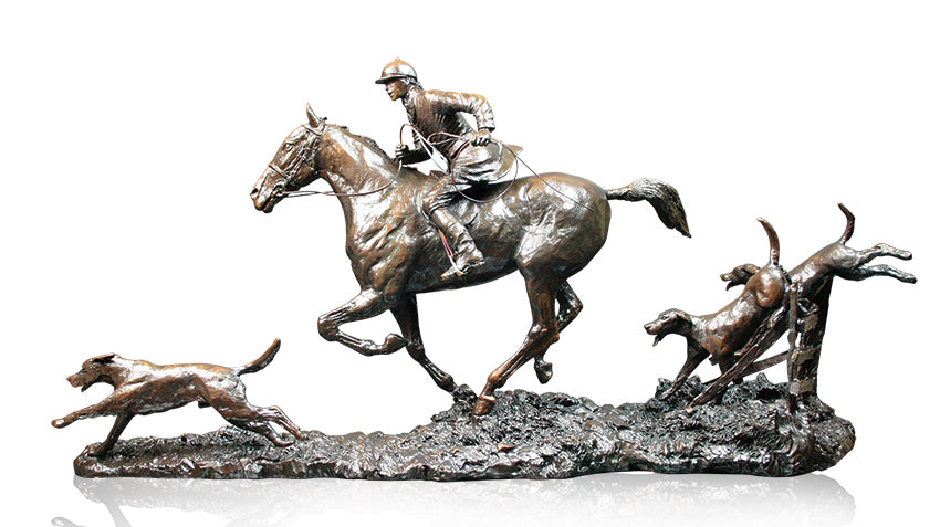 huntsman on horseback with three hounds bronze sculpture