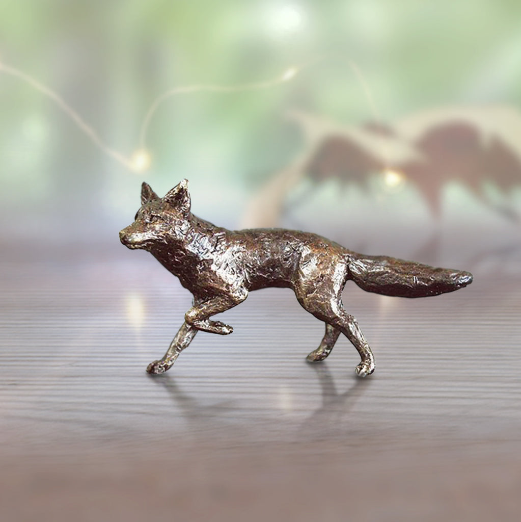 miniature bronze fox running gift sculpture butler and peach