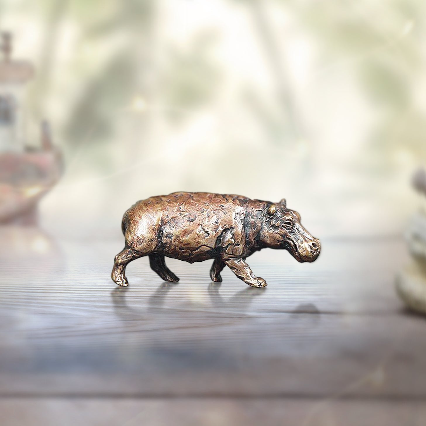 miniature bronze hippo gift sculpture butler and peach