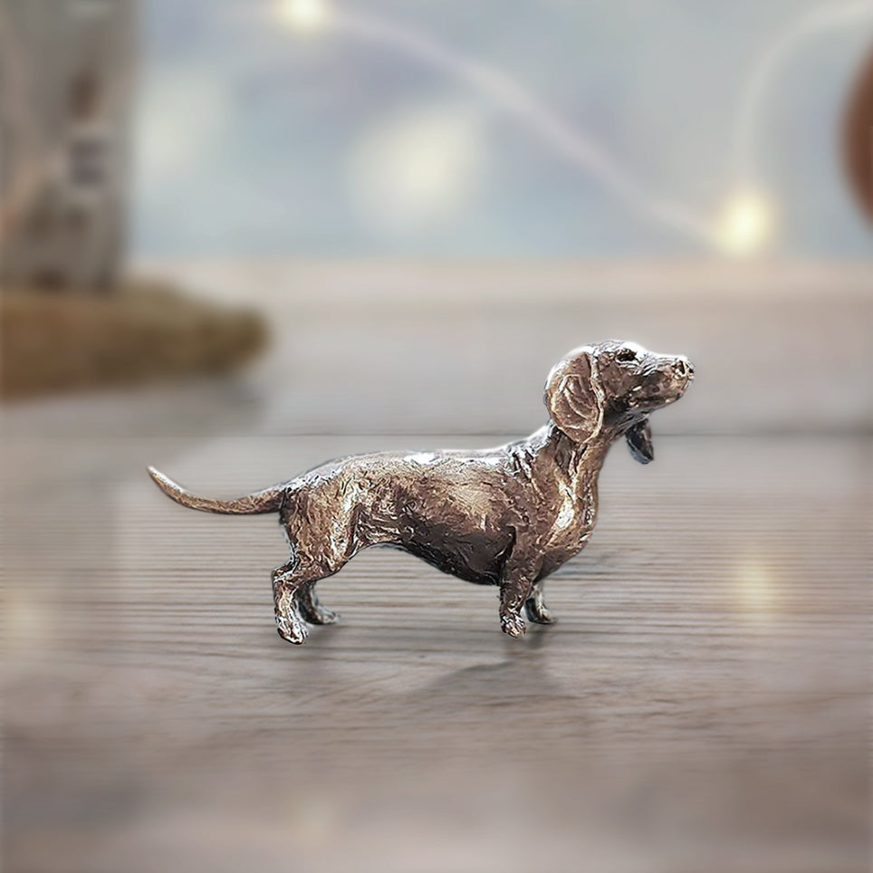 miniature bronze dachshund gift sculpture butler and peach