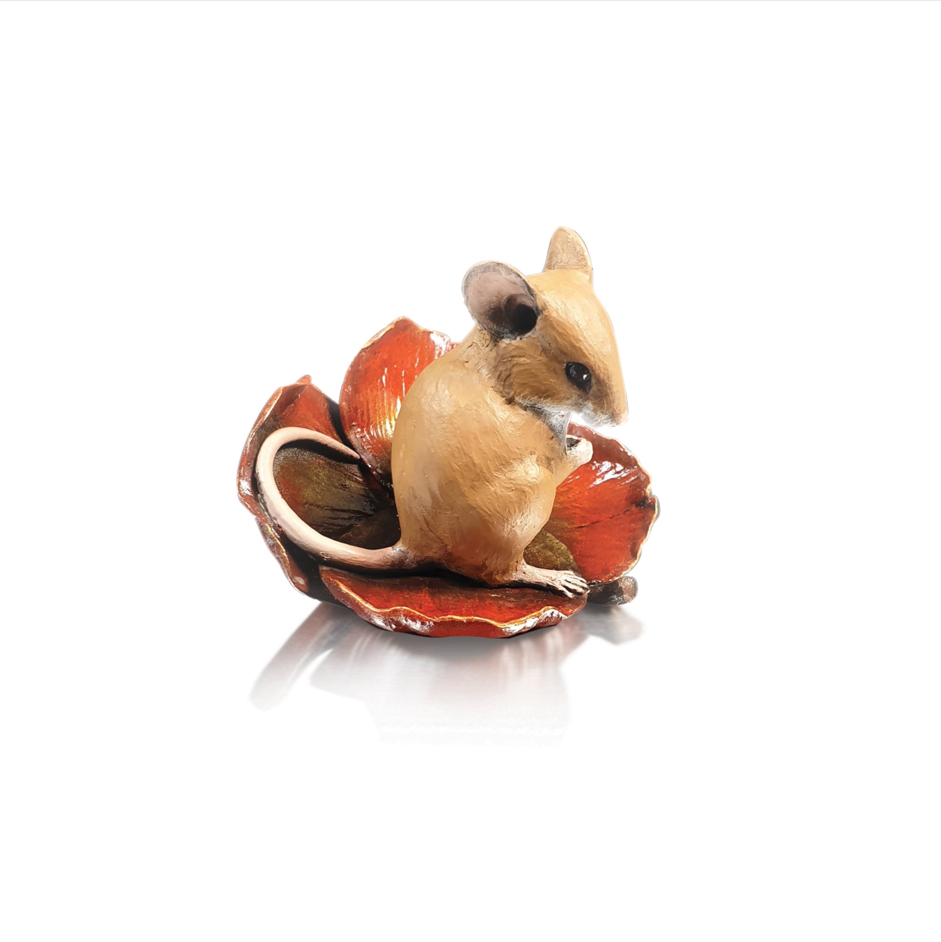 hand painted bronze mouse on poppy sculpture