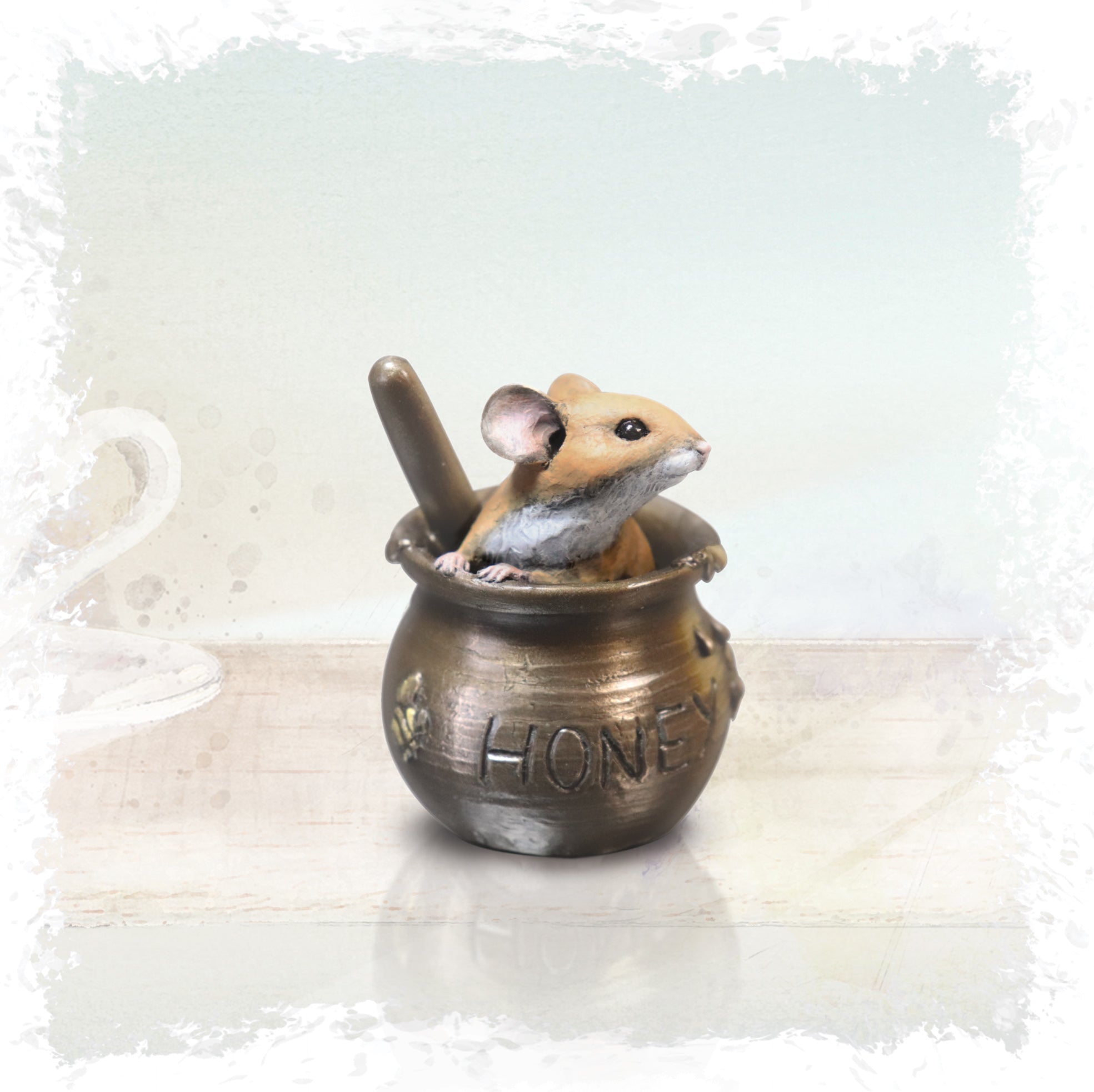 hand painted bronze mouse in honey pot sculpture