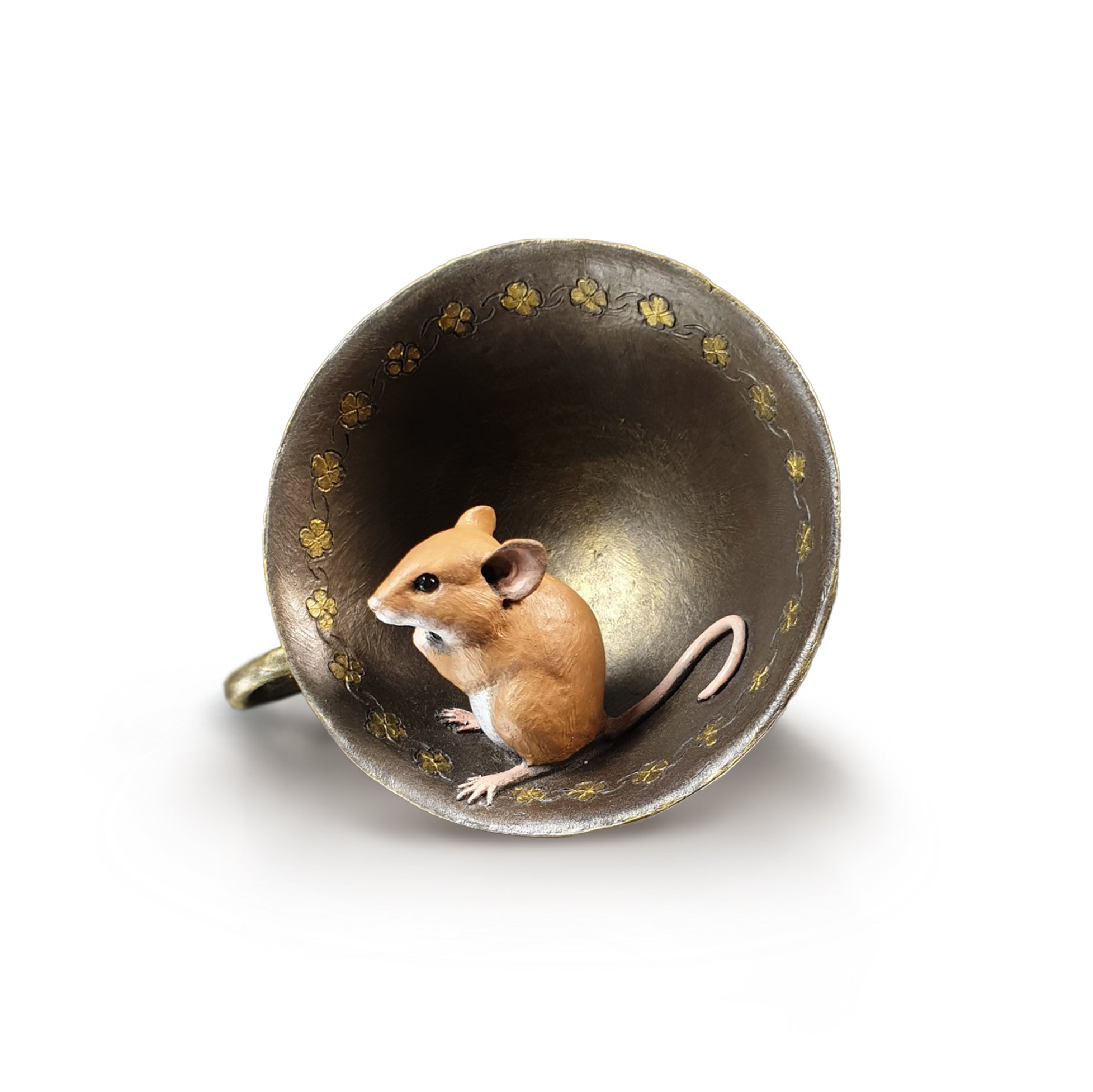 hand painted bronze mouse in tea cup sculpture