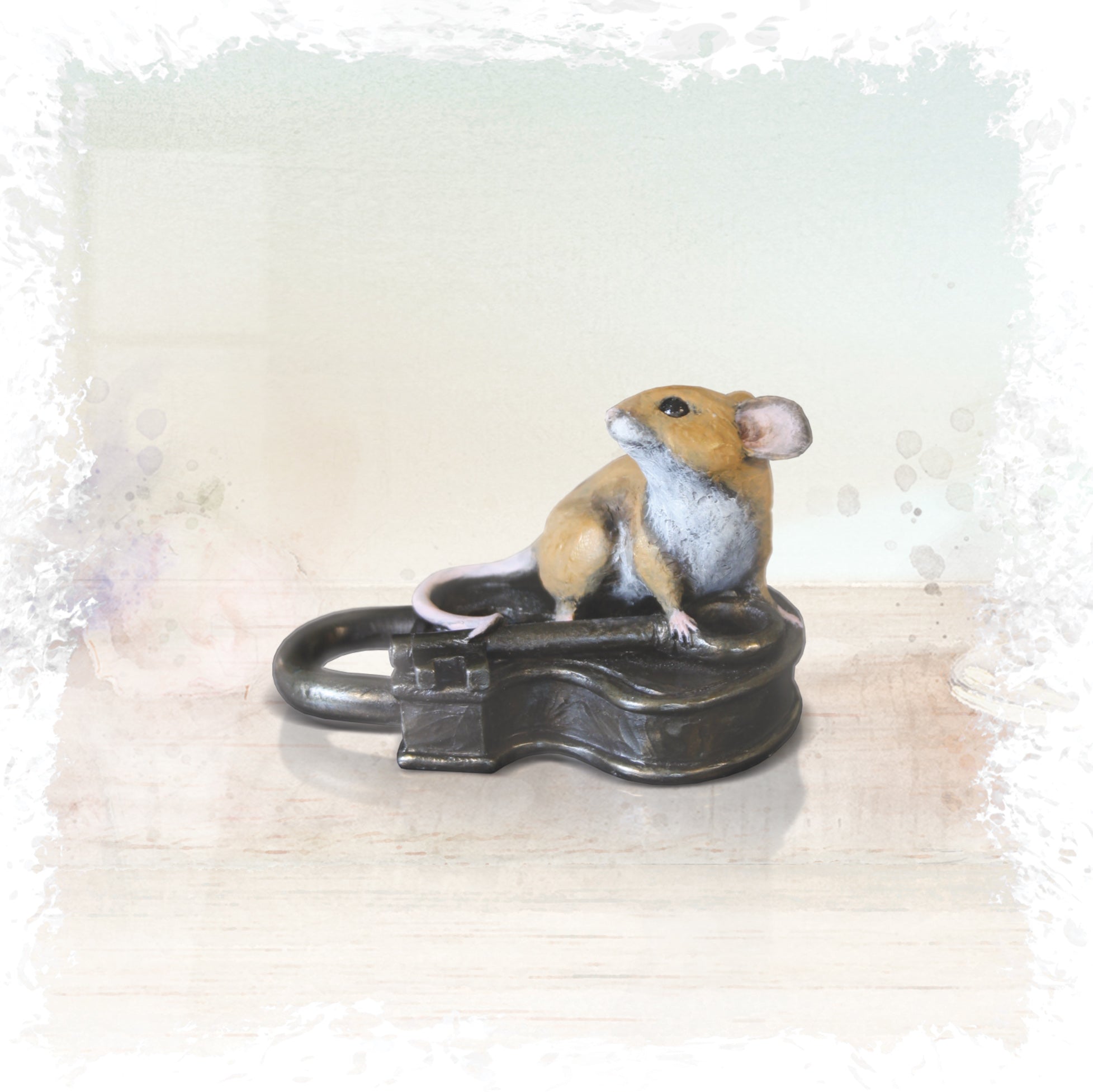 hand painted bronze mouse on antique lock sculpture 