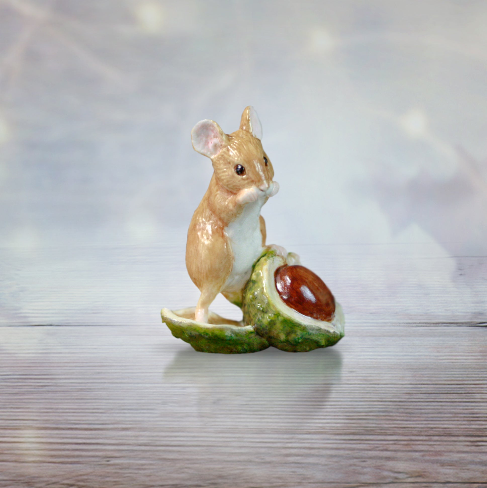 hand painted bone china mouse sitting on conker horse chestnut gift figurine