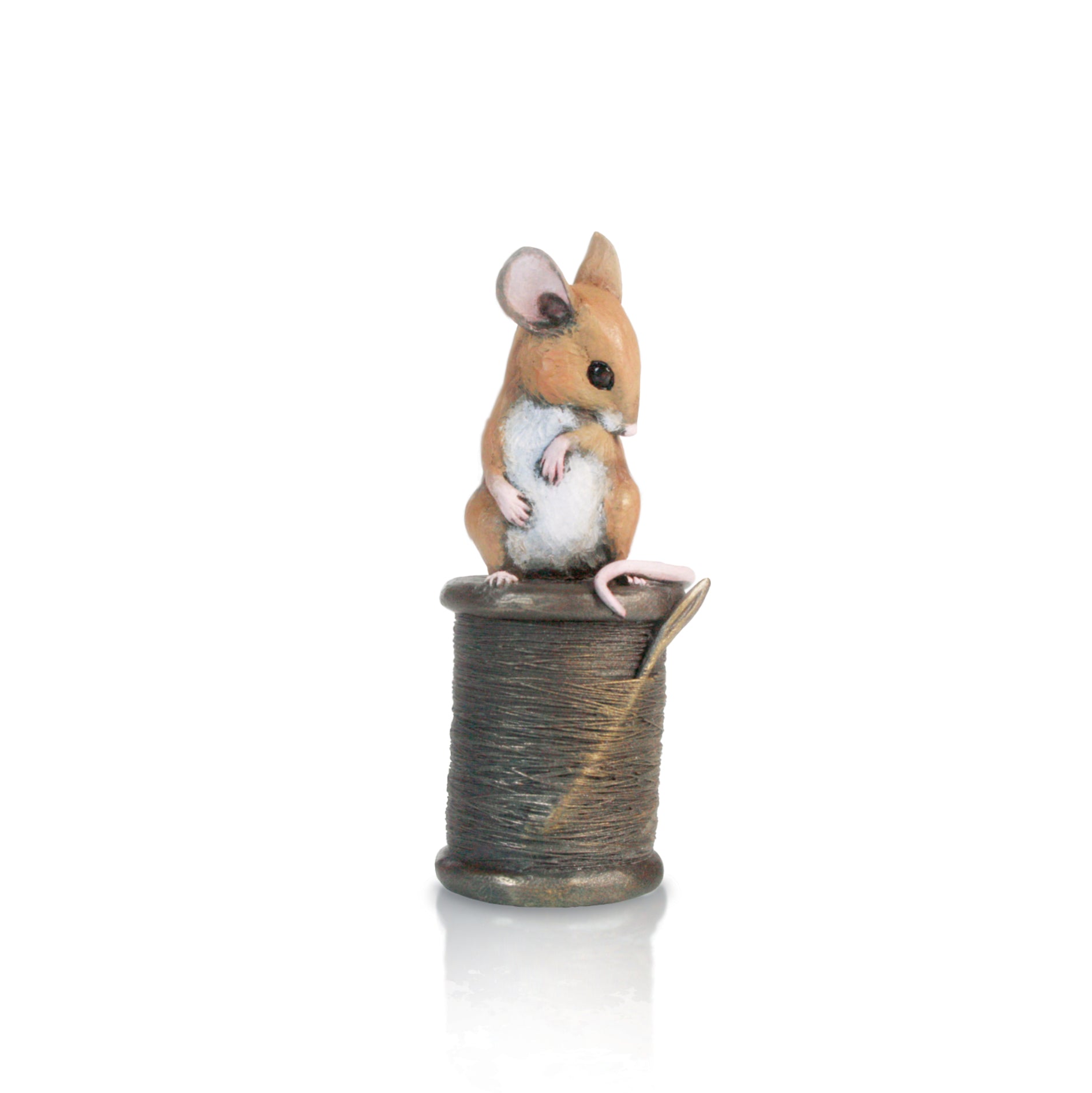 hand painted bronze mouse on cotton reel sculpture