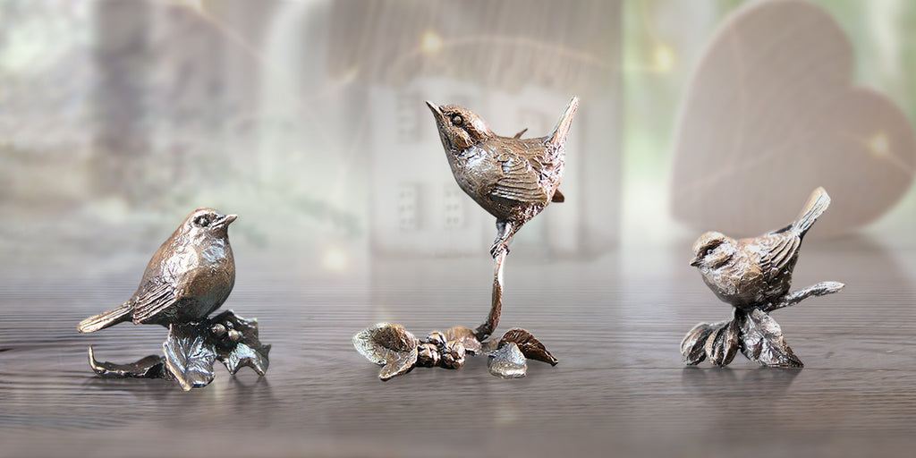 miniature bronze garden bird gift set butler and peach
